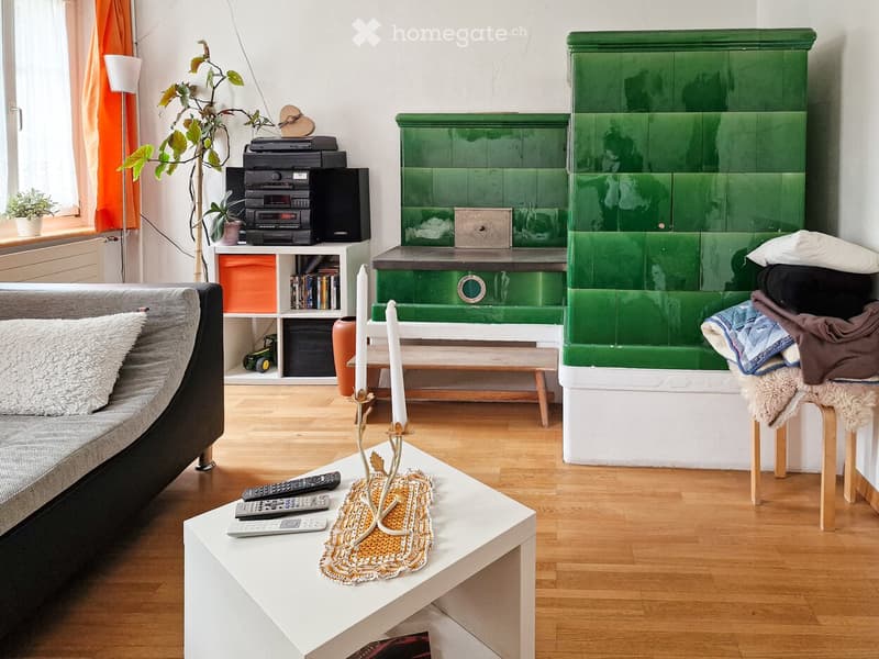 Modern living room with a grey sofa, white coffee table, remote controls, candle holder, bookshelf, audio system, and a green fireplace.