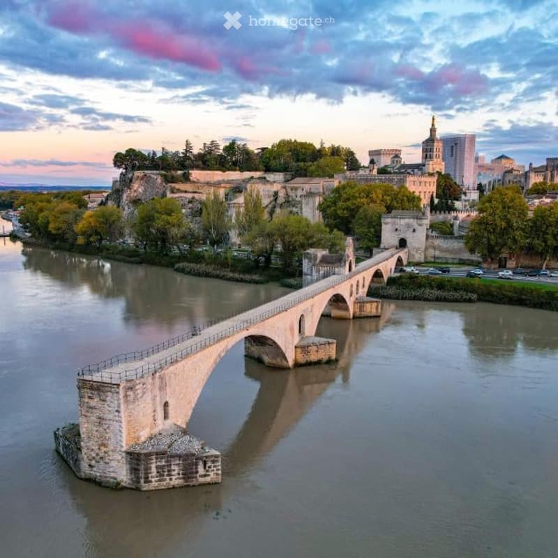 A historic stone bridge spanning a river, with a fortified cityscape in the background featuring medieval walls, towers, and modern buildings.