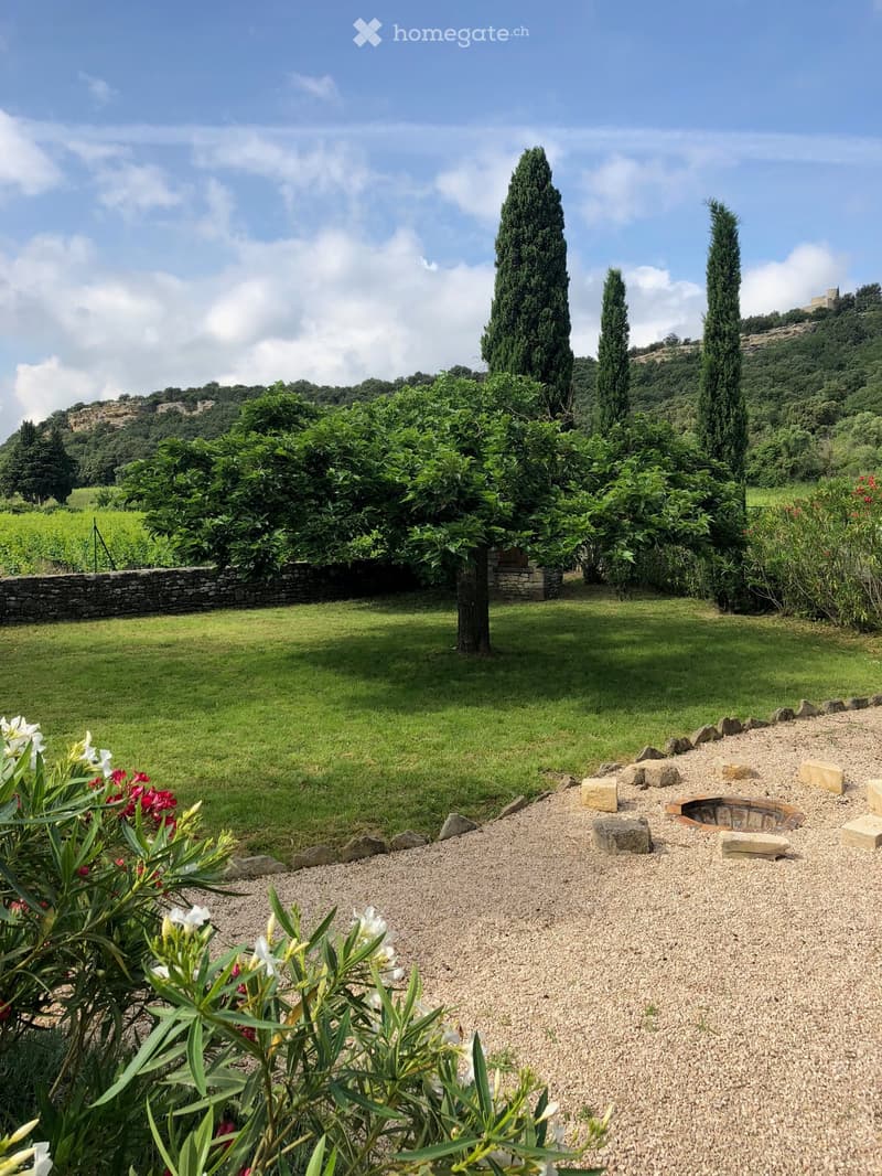 Well-maintained garden with a gravel pathway, stone fire pit, lush greenery, and tall cypress trees in the background.