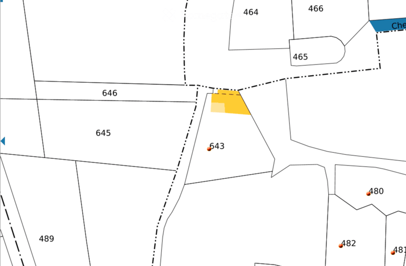Floor plan showing multiple numbered plots and sections, including a highlighted yellow area labeled643.