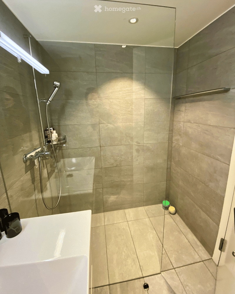 Modern bathroom with a bathtub, glass-enclosed shower stall, and a towel rack. The walls and floor are tiled in a neutral color scheme, and the shower features a handheld sprayer and a built-in seat.