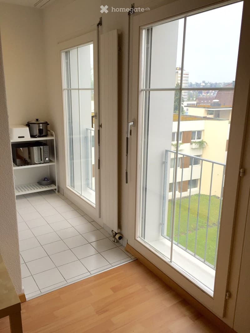 Balcony with wooden floor and white tiled area, small shelf with microwave, toaster, and pot.