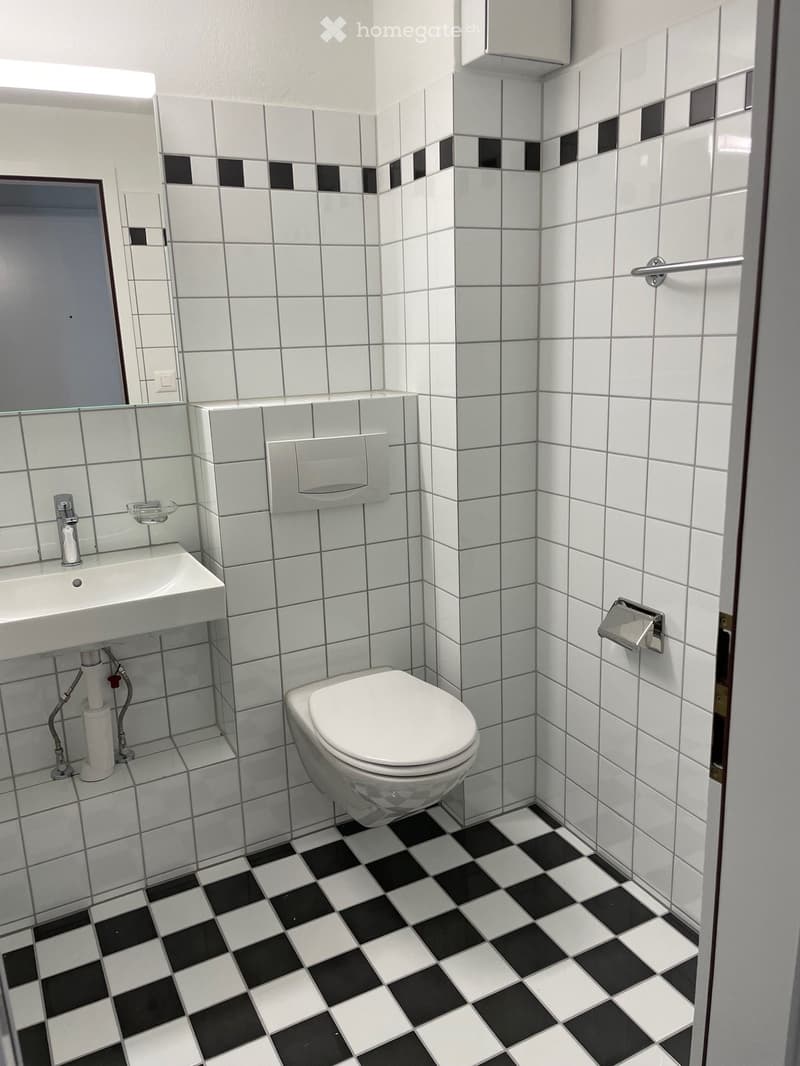 Modern bathroom with white tiles, black accents, a toilet, sink, and mirror.