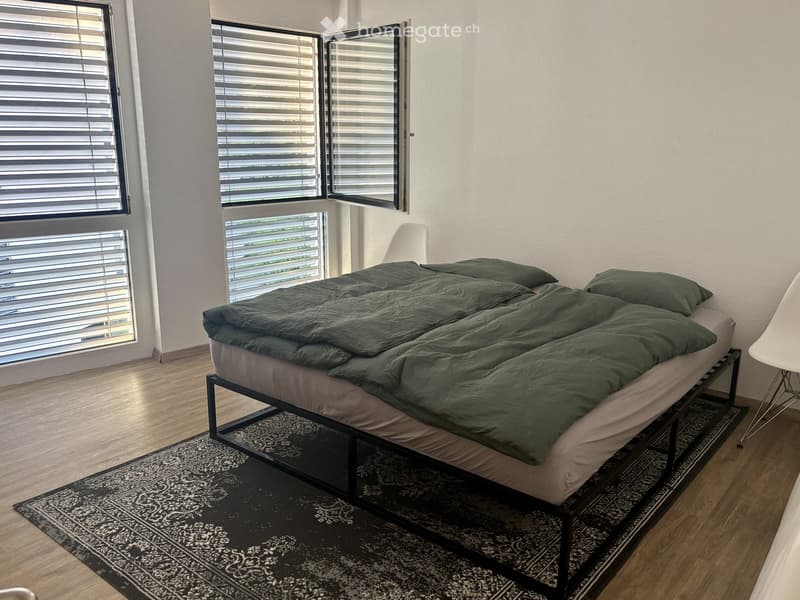 Bedroom with a bed covered in green bedding, a patterned rug, and a white chair near the window.