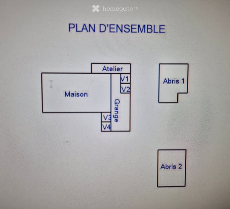 Layout plan showing a house, garage, workshop, and two parking spaces labeled 'Abri 1' and 'Abri 2'.