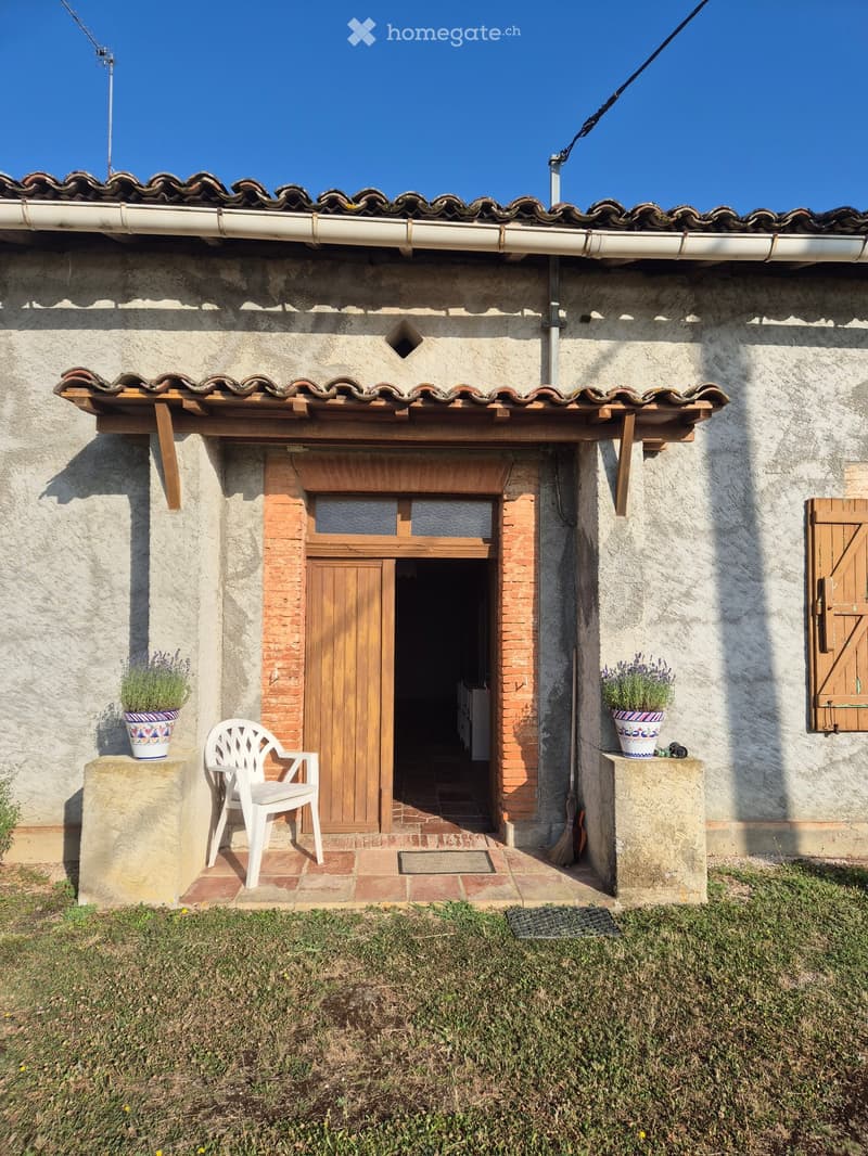 A rustic wooden door leads into a house, flanked by potted plants and a white plastic chair on a stone platform.