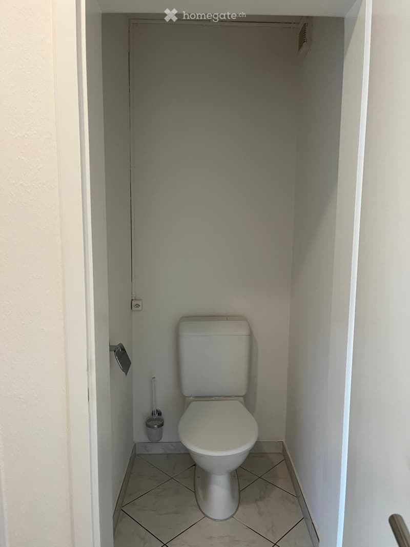 Small bathroom with a white toilet, tiled floor, and a toilet paper holder on the wall.