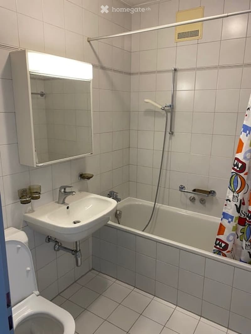 Bathroom with white tiled walls and floor, a sink with a mirror cabinet above, a bathtub with a shower hose, and a toilet.