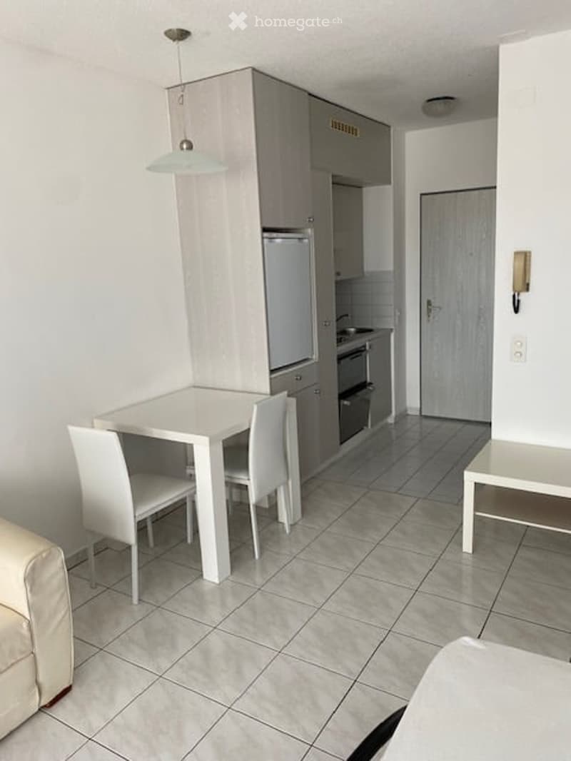 Modern, minimalist living and dining area with white furniture, grey cabinets, and a small kitchen area.