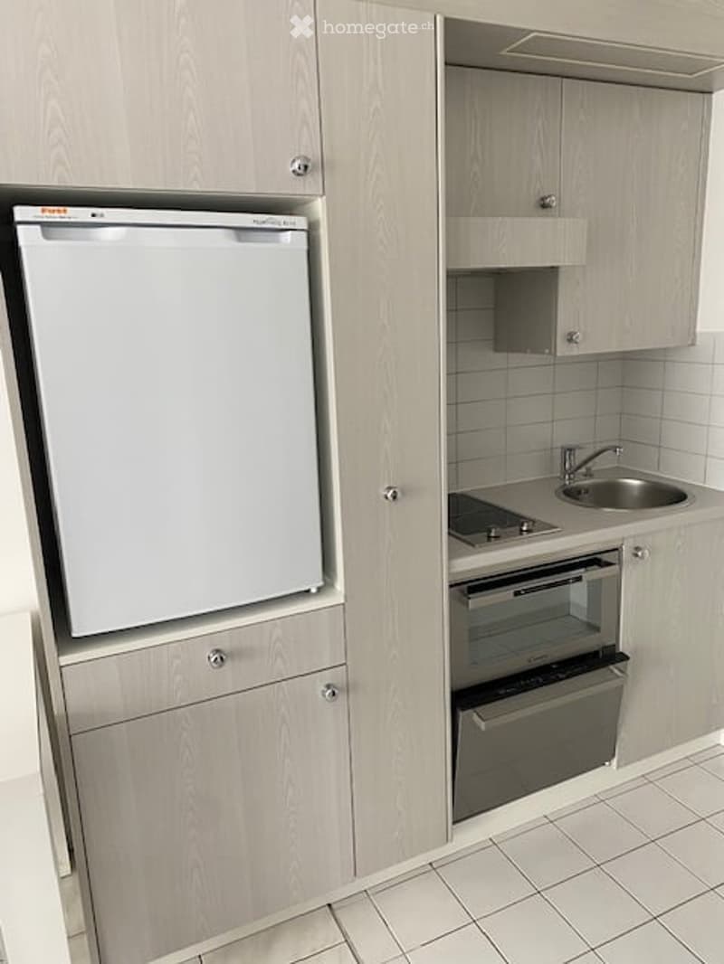 Modern kitchen with light grey cabinets, a white refrigerator, a sink with a faucet, and a built-in oven.