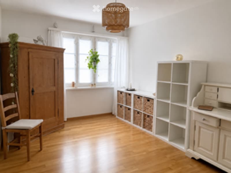 Bright, minimalist room with light wooden flooring, large window with white frame, a wooden chair, a tall wooden cabinet, a white shelving unit with multiple storage bins, a small table with a potted plant, and a woven hanging light fixture.