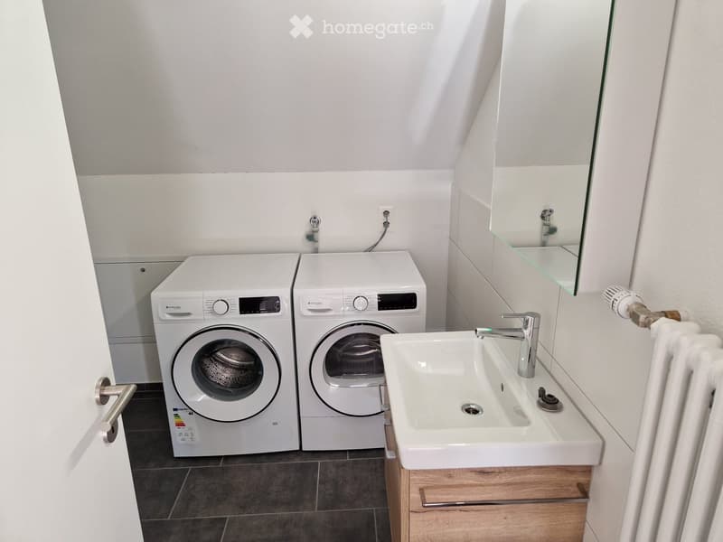 Modern bathroom with white washing machine and dishwasher, white sink with chrome faucet, mirror, and wooden radiator.
