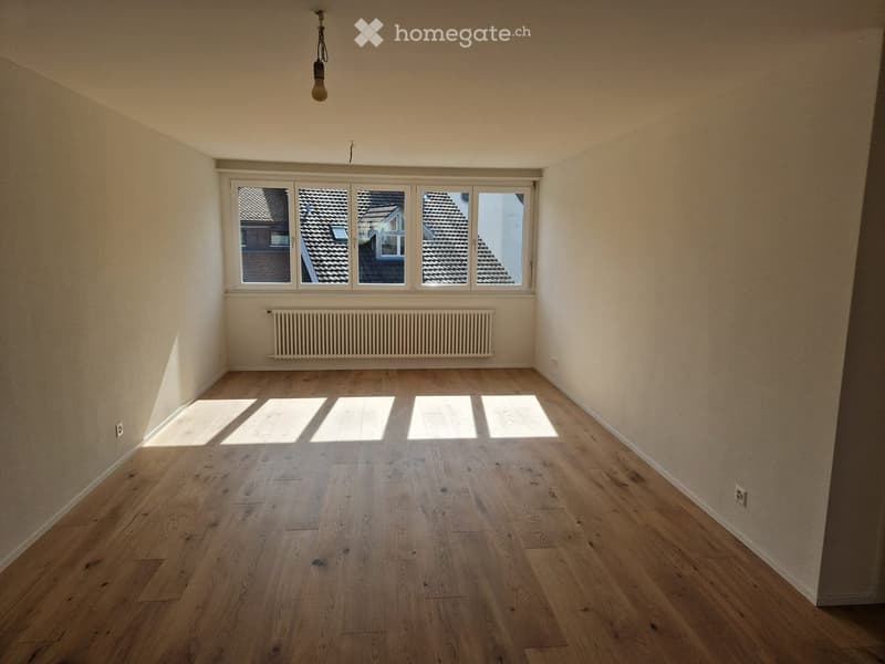 Empty room with wooden flooring, large windows, radiator, and a single light fixture.