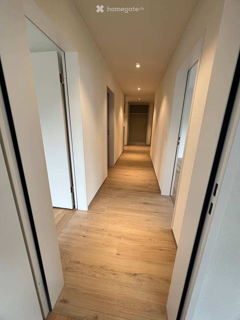 A long, narrow hallway with light wooden flooring and white walls, featuring recessed lighting and several doors along the sides.