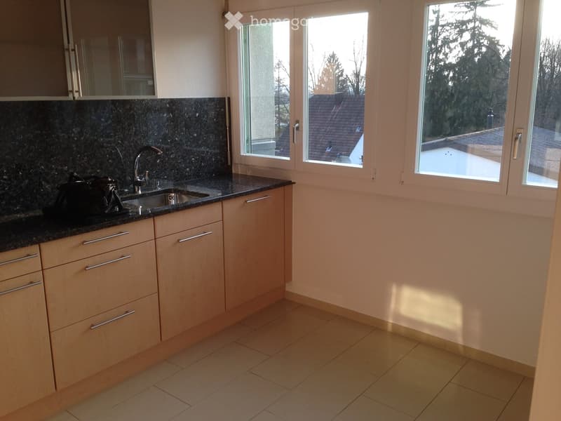Modern kitchen with light wooden cabinets, granite countertop, and large windows overlooking a roof terrace.