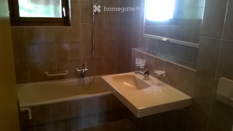 Bathroom with a bathtub, sink, showerhead, and a mirror above the sink. The walls are tiled, and there is a window providing natural light.