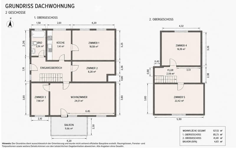 Floor plan of a two-story roof apartment with labeled rooms including kitchen, living room, bedrooms, bathroom, and balcony.