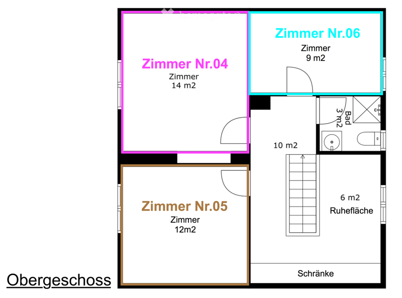 Floor plan of the upper floor showing five rooms: Zimmer Nr.04 (14 m2), Zimmer Nr.05 (12 m2), Zimmer Nr.06 (9 m2), a bathroom (3 m2), and a resting area (6 m2).