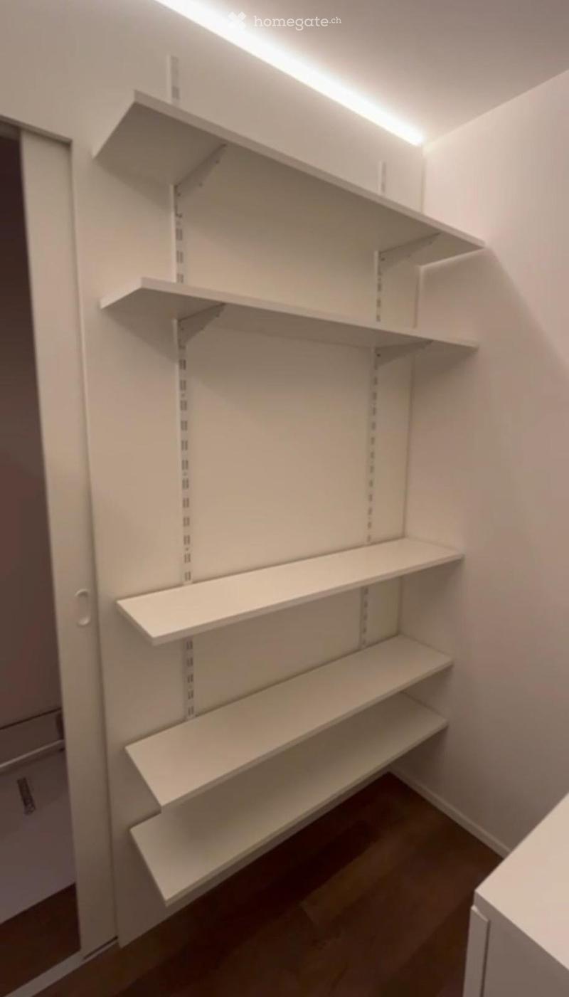 Empty closet with multiple white shelves and a built-in light fixture above. The space is clean and organized with no items stored.