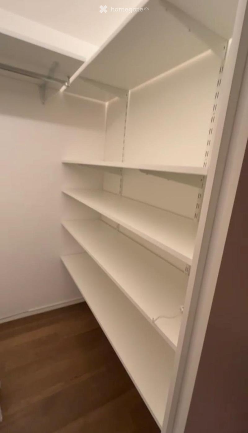 Empty closet with white built-in shelving and a clothes rod, no items stored.