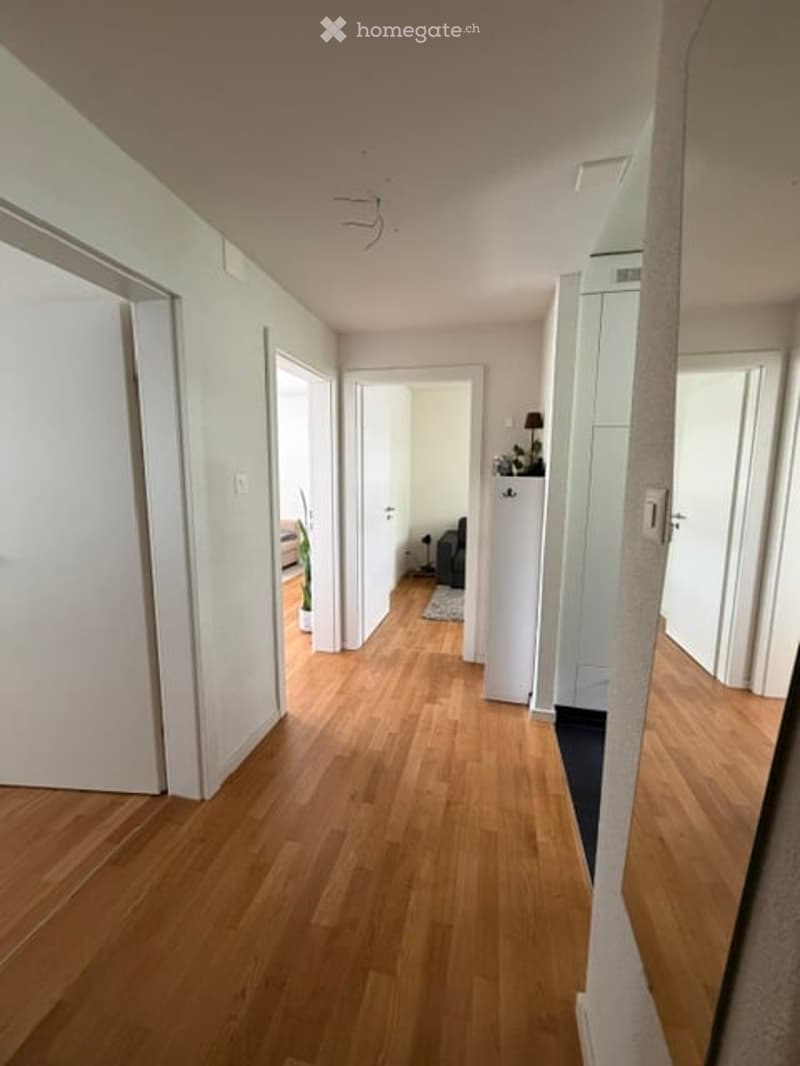 Bright hallway with wooden flooring, white walls, and multiple doors leading to different rooms.