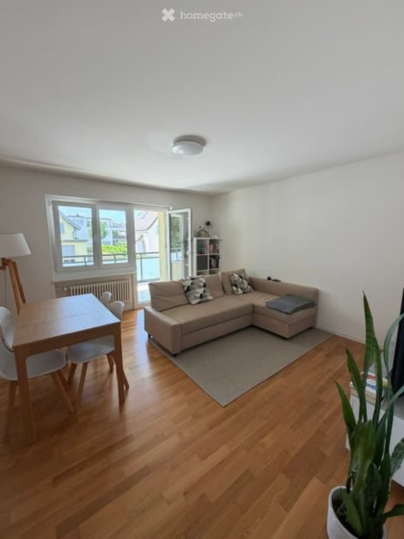Modern living room with light wooden flooring, large window with view, grey sectional sofa, coffee table, dining table with chairs, floor lamp, radiator, and potted plant.