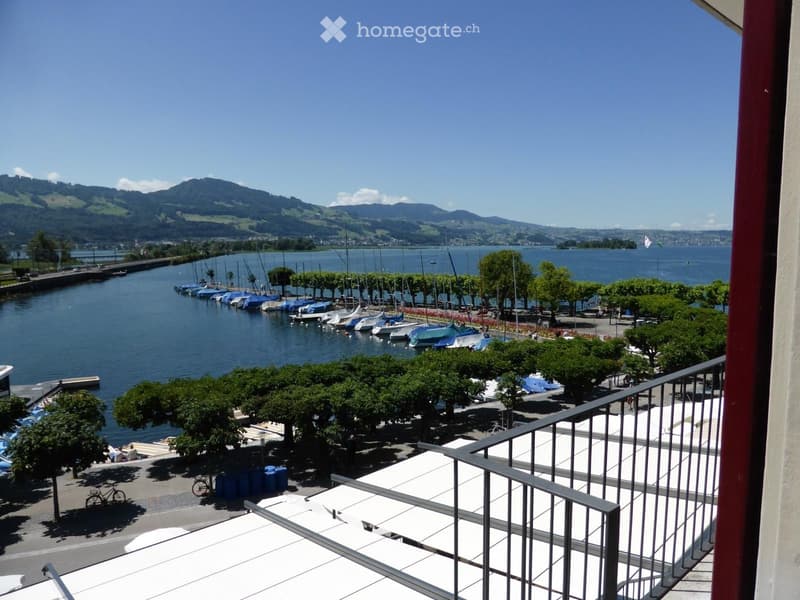 Balcony overlooking a waterfront with boats, trees, and distant mountains under a clear blue sky.