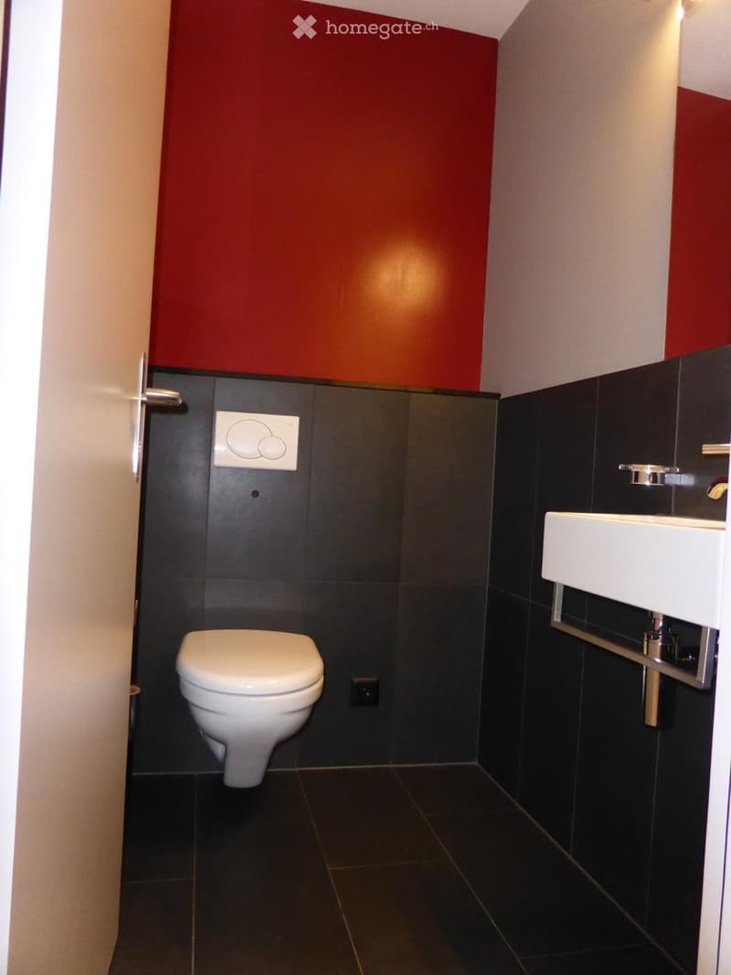 Modern bathroom with dark tiled walls and floor, white toilet, white sink, and a control panel on the wall.