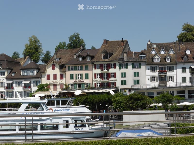 A row of traditional European townhouses with pitched roofs, shutters, and balconies overlooking a waterfront with docked boats.