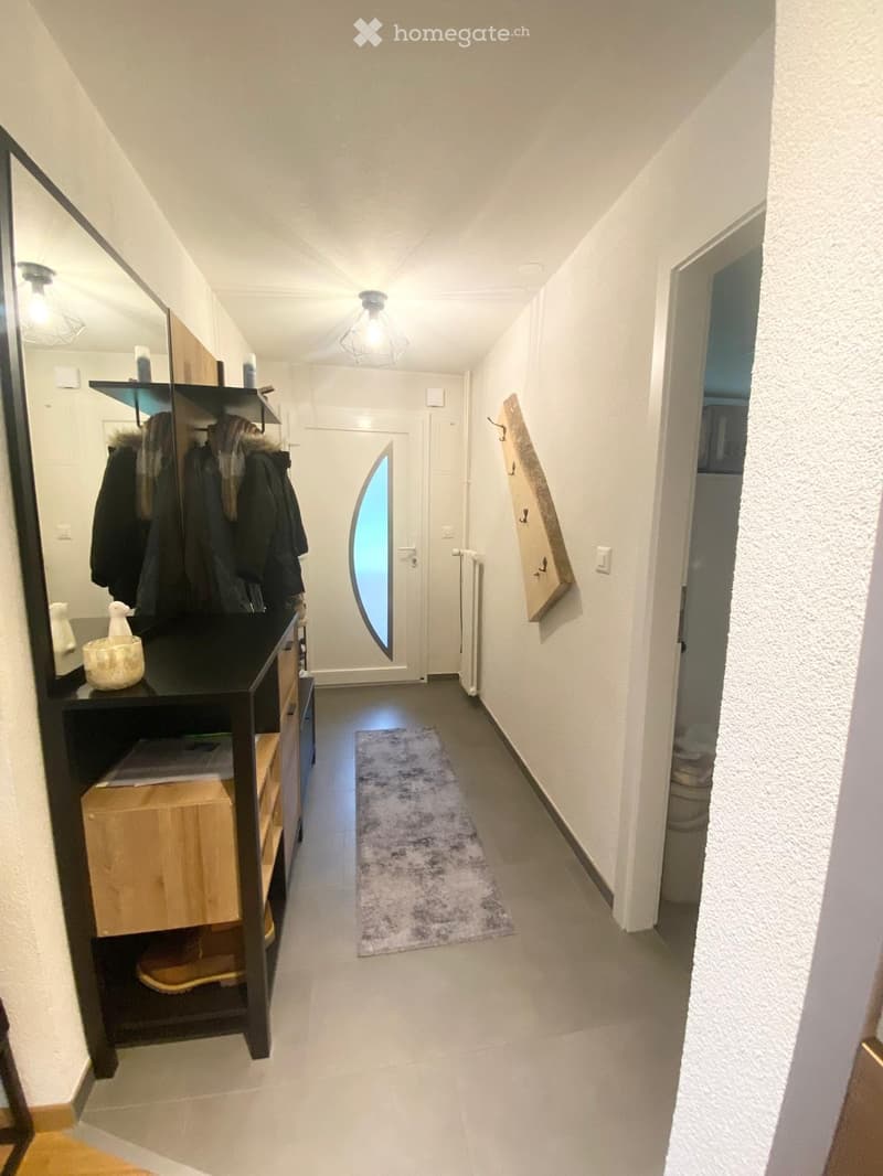 A well-lit hallway with white walls, a grey rug, a coat rack with jackets, a small table with a decorative bowl, and a modern door with a glass panel.