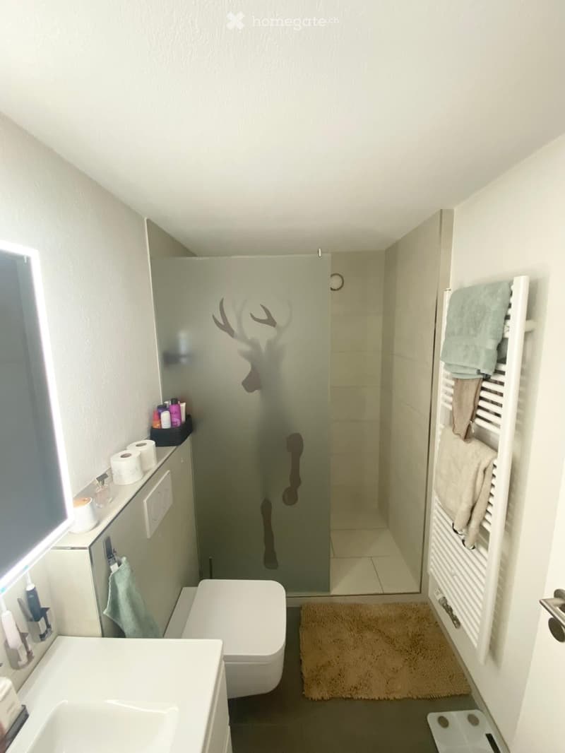 Modern bathroom with a bathtub, toilet, sink, towel rack, and a glass shower enclosure featuring a deer design. Toilet paper and various bathroom accessories are placed on the cabinet.