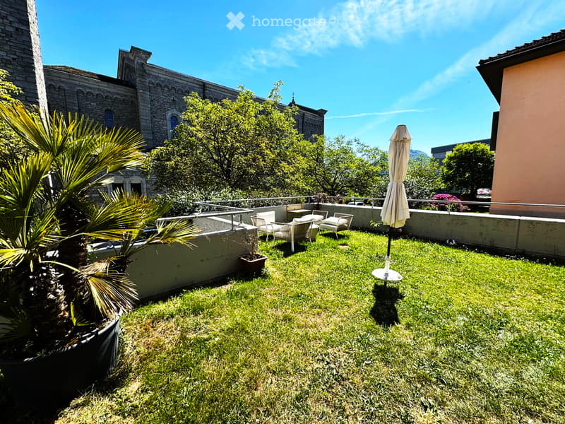 Outdoor area with a grassy lawn, a palm tree, a small potted plant, a closed umbrella, and a white chair with a table.