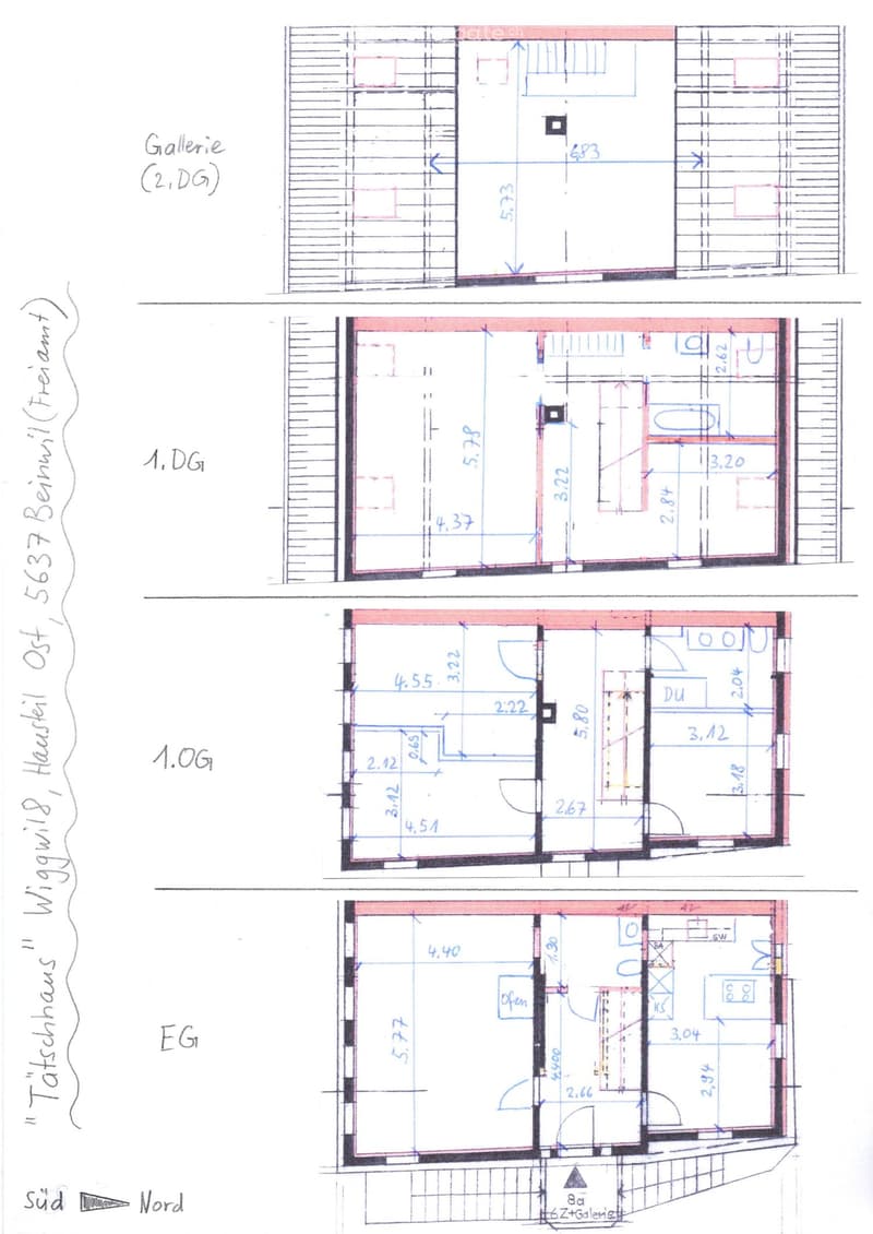 Floor plan of a house with four levels: ground floor (EG), first floor (1.OG), first floor (1.DG), and second floor (2.DG). Layout includes living spaces, bedrooms, bathrooms, and a gallery.