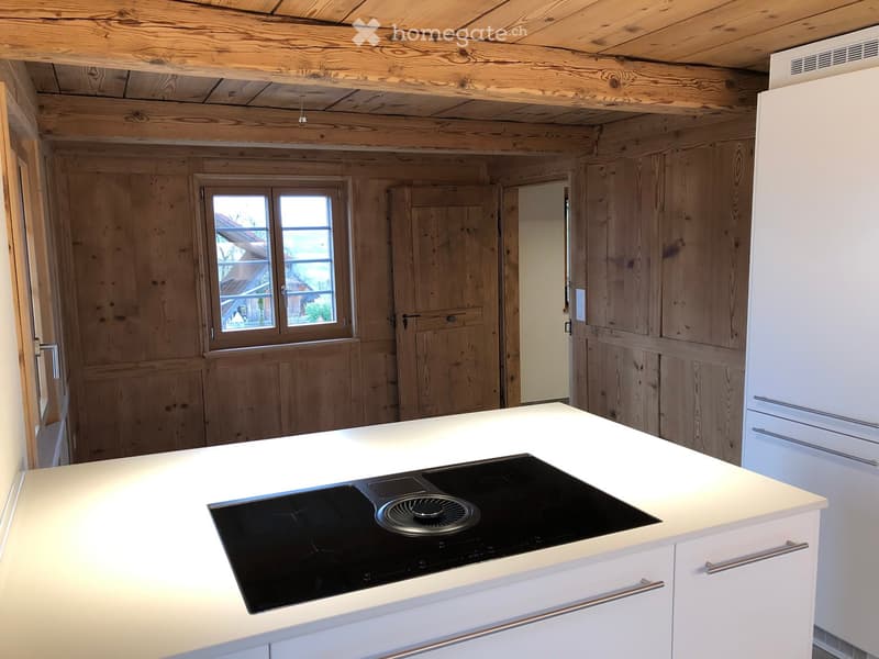 Modern kitchen with white countertops, an induction stove, and a refrigerator, featuring wooden walls and ceiling.