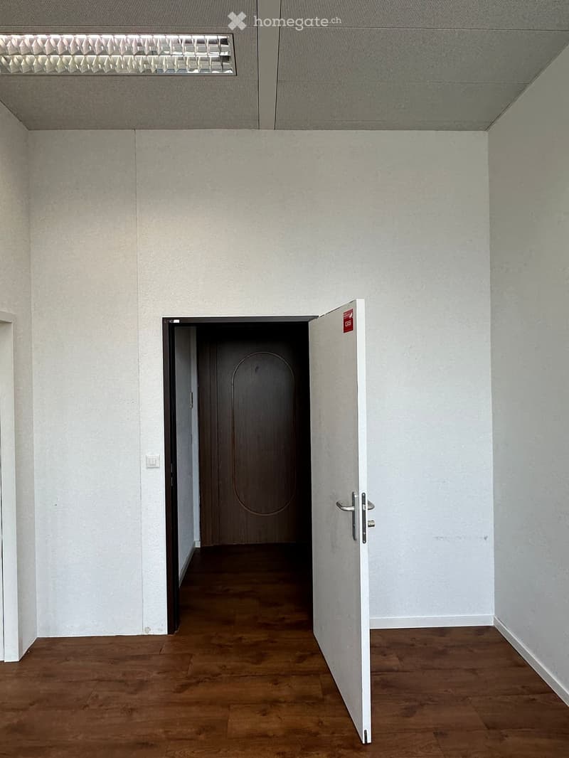 empty room, white walls, wooden floor, open door, ceiling light