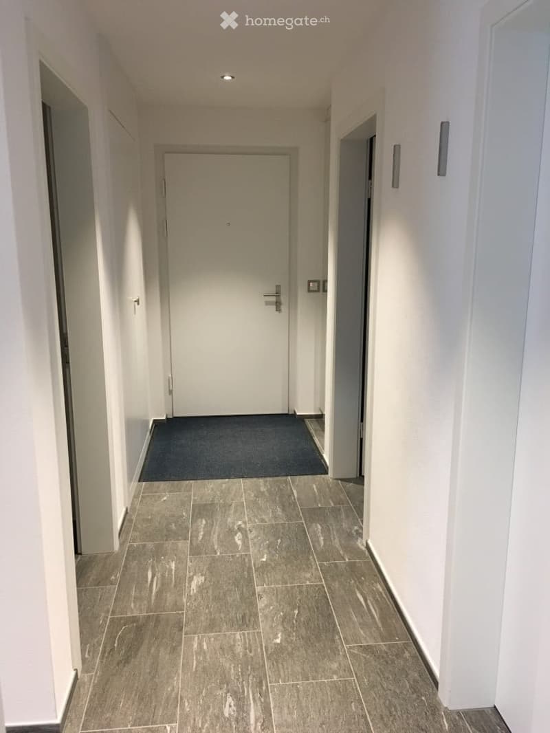 Clean, modern hallway with grey tiled flooring, white walls, and a dark blue runner. Features a closed white door at the end and two open doors on either side.