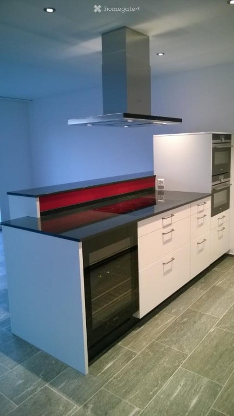 Modern kitchen with white cabinets, black countertops, built-in ovens, and a stainless steel range hood.