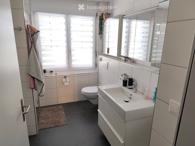 Modern bathroom with white tiles, a sink, toilet, large mirror, and a window with blinds. Includes a towel and small plants on the windowsill.