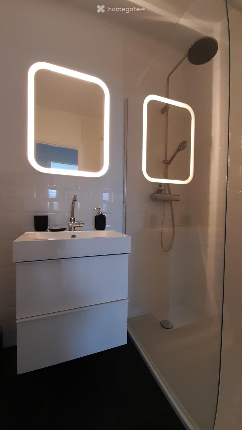 Modern bathroom with a white sink, sleek faucet, illuminated mirrors, and a glass-enclosed shower area.