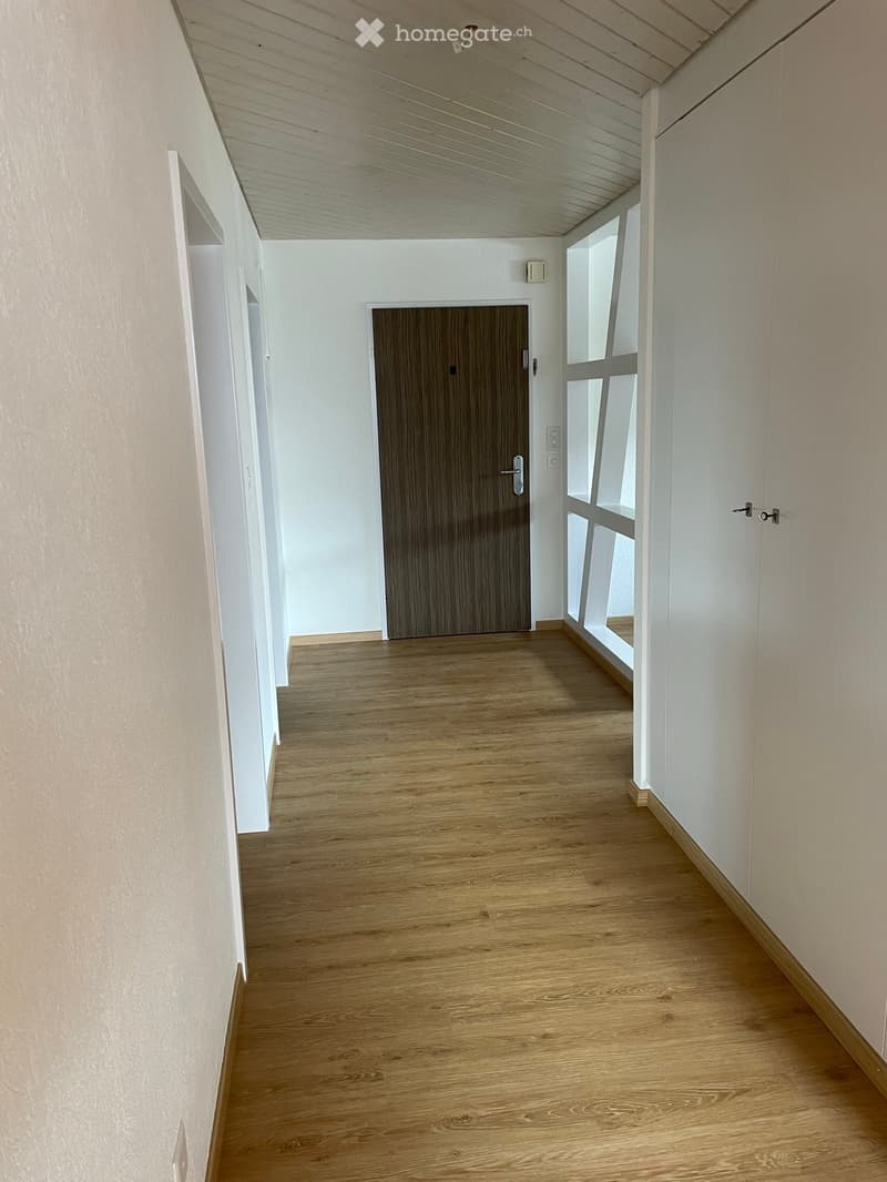 Empty hallway with wooden flooring, white walls, and a single wooden door at the end.