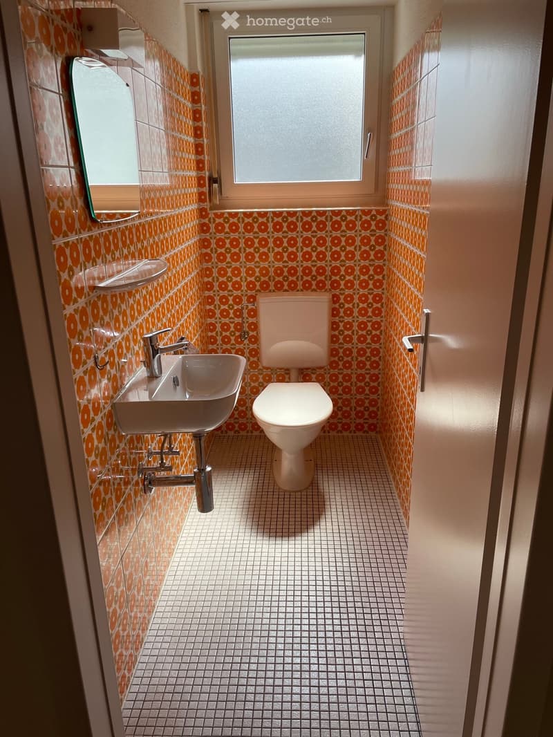 Small bathroom with orange floral patterned tiles, white toilet, sink with chrome faucet, and a mirror above the sink.