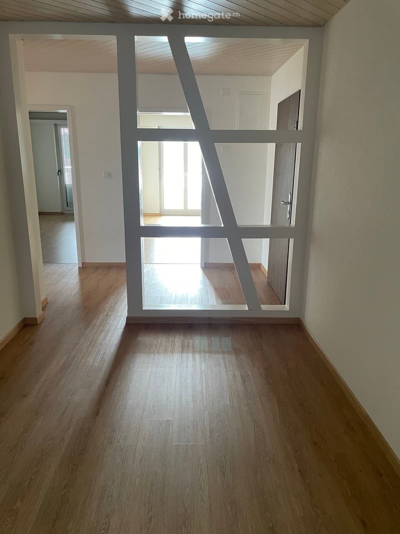 Empty hallway with wooden flooring, white walls, and large glass window allowing natural light to enter. The hallway leads to other rooms with visible doors and a mirror on the left side.