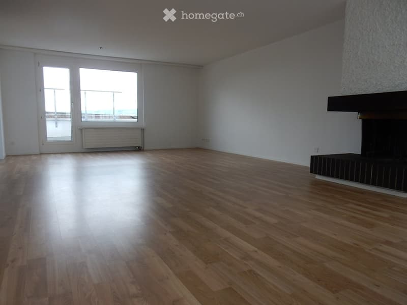 Empty room with wooden flooring, white walls, large windows, and a fireplace.