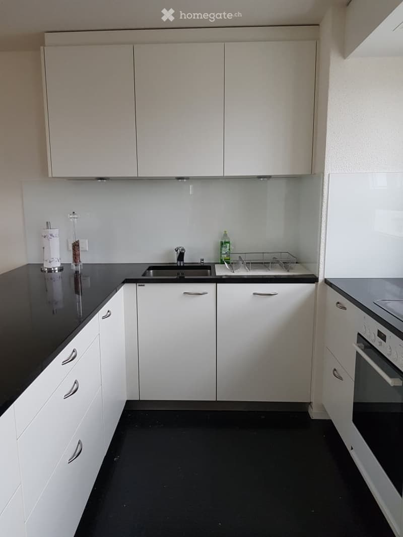 Modern kitchen with white cabinets, black countertops, and black floor. Features a sink, faucet, oven, dish rack, and small decorative items on the counter.