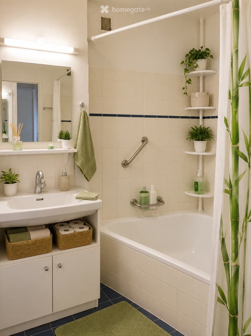 Modern bathroom with a white tiled wall, a bathtub, a sink with a mirror, and a towel hanging on a rack. There are plants on shelves and a green bath mat on the floor.