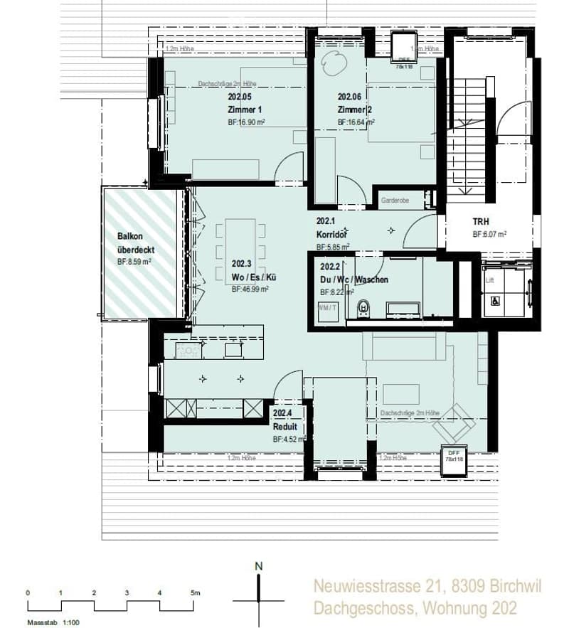 Floor plan of a 2nd-floor apartment with two bedrooms, a living/dining/kitchen area, a corridor, a bathroom, and a covered balcony.