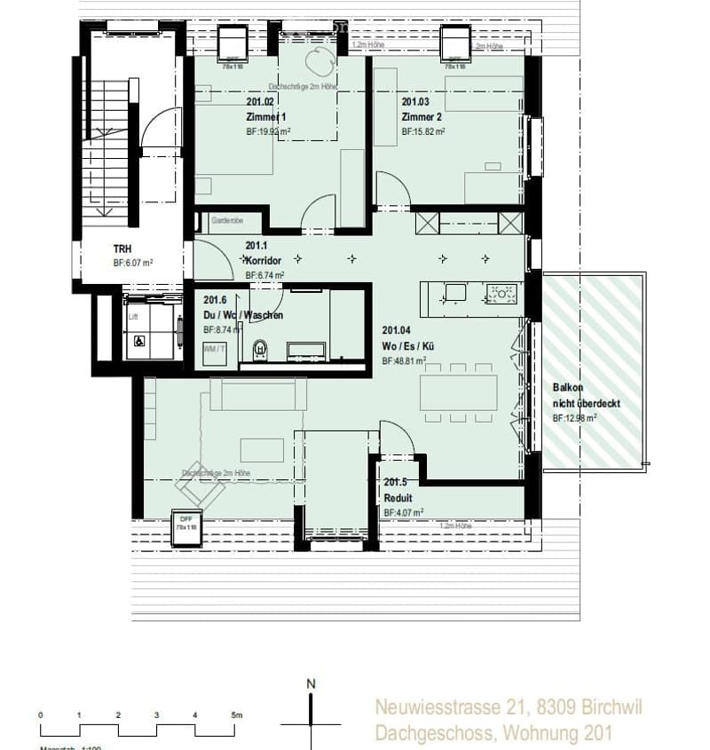 Floor plan of a 2-story apartment with living room, kitchen, 2 bedrooms, 2 bathrooms, and a balcony.