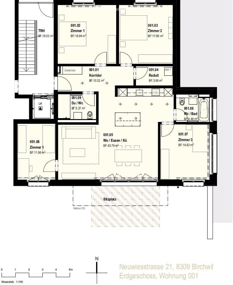 Floor plan of a ground floor apartment with four bedrooms, a living/dining/kitchen area, a bathroom, a WC, a hallway, and a balcony.