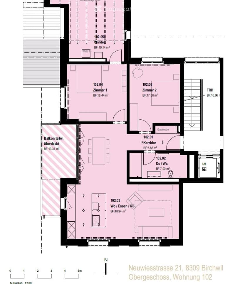Floor plan of a 102 square meter apartment with two bedrooms, a living/dining area, a kitchen, a bathroom, and a balcony.
