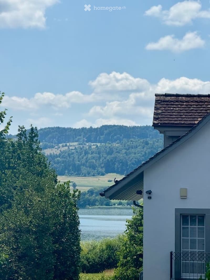 Single-story house with a tiled roof, white exterior, and large windows overlooking a scenic lake and forested hills.